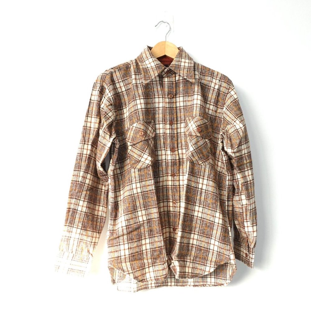 David Harrison Shirt Mens Medium Brown Wool Plaid Flannel Lumberjack Cabin VTG‎